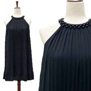 Vintage BH-One Fashion Black Chiffon Pleated Halter Beaded Neck Dress Sz Medium